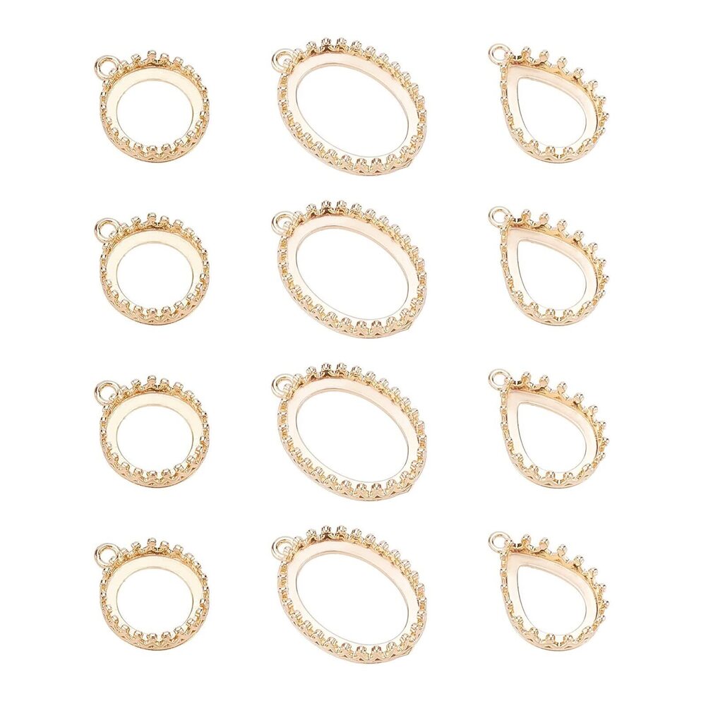 3353 12Pcs 3 Styles Golden Crown Pendant Tray Pendant Bezel Blanks